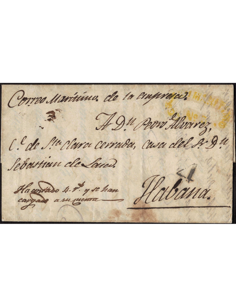 1848 (24 MAR) Madrid a La Habana. Sobrescrito con la marca “CORREO MARITIMO Nº 3” en amarillo. Porteo con la “4” y anotación mns