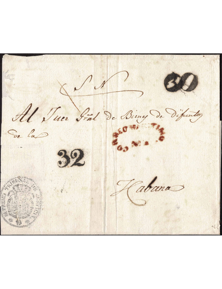 1842 circa Madrid a La Habana. Envuelta del S.N. en papel sellado de oficio con timbre del Tribunal Supremo de Justicia en negro