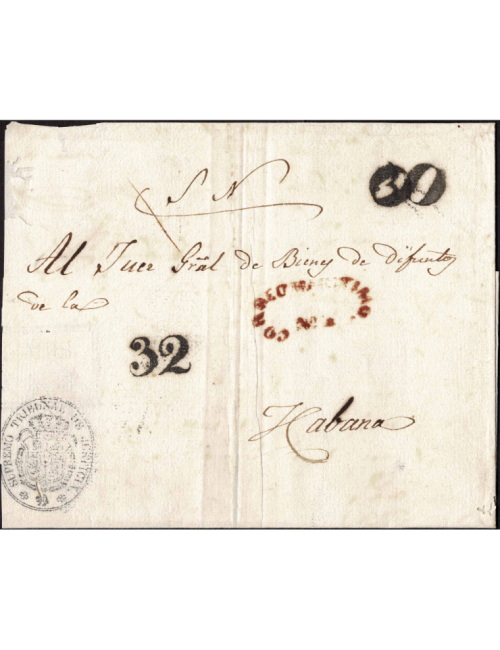 1842 circa Madrid a La Habana. Envuelta del S.N. en papel sellado de oficio con timbre del Tribunal Supremo de Justicia en negro