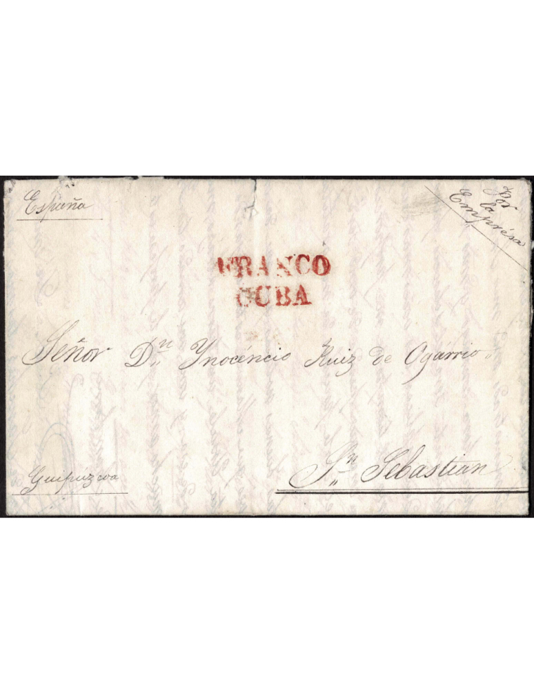 1831 (10 OCT) Santiago de Cuba a San Sebastián. Sobrescrito con marca “FRANCO/ CUBA” (nº7) de franqueo en rojo de Santiago. En e
