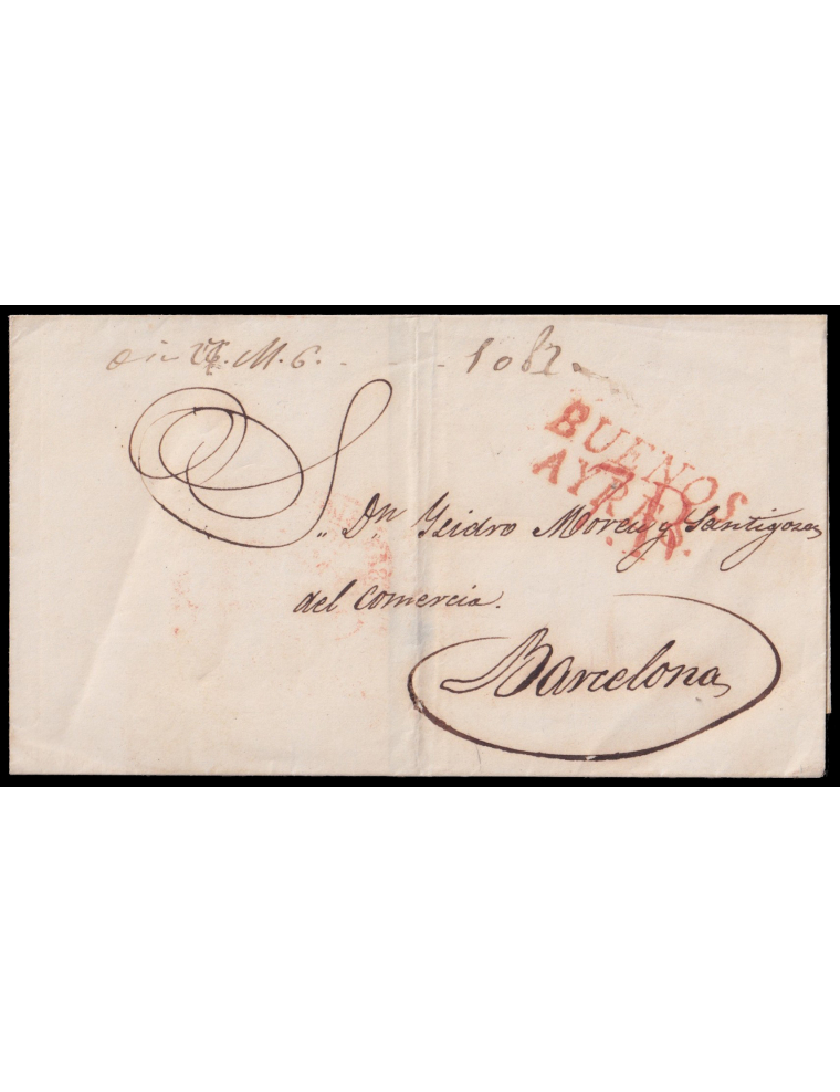 1851 ¿Argentina? A Barcelona. Marca “BUENOS/ AYRES” (n53) en rojo de Cádiz. Porteo “7R” reales en rojo. Al dorso fechador de lle