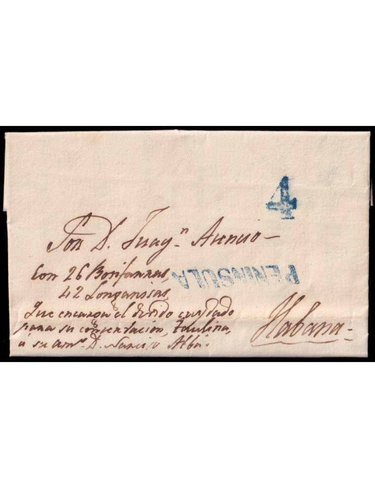 1852 (10 ABR) Barcelona a La Habana. Marca “PENINSULA” (n30) lineal en azul y porteo “4” reales todas aplicadas a la llegada. En