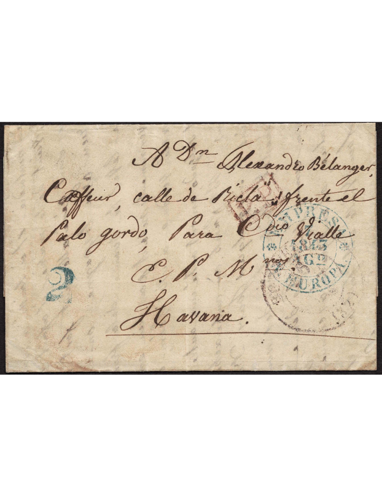 1843 (18 MAY) Burdeos (Francia) a La Habana. Sobrescrito con fechador de origen en negro y marca portes pagados “PP” recuadrada 