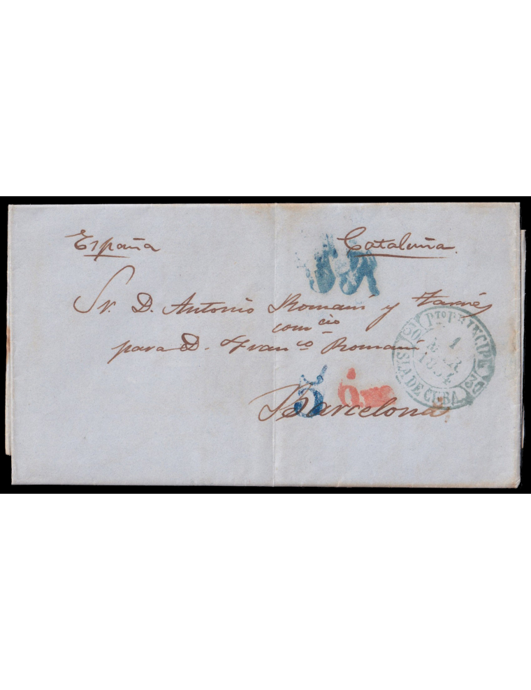 1854 (1 MAR) Puerto Príncipe (Cuba) a Barcelona. Fechador en azul y porteo “5” reales en azul de La Habana y “5R” en azul de Bar