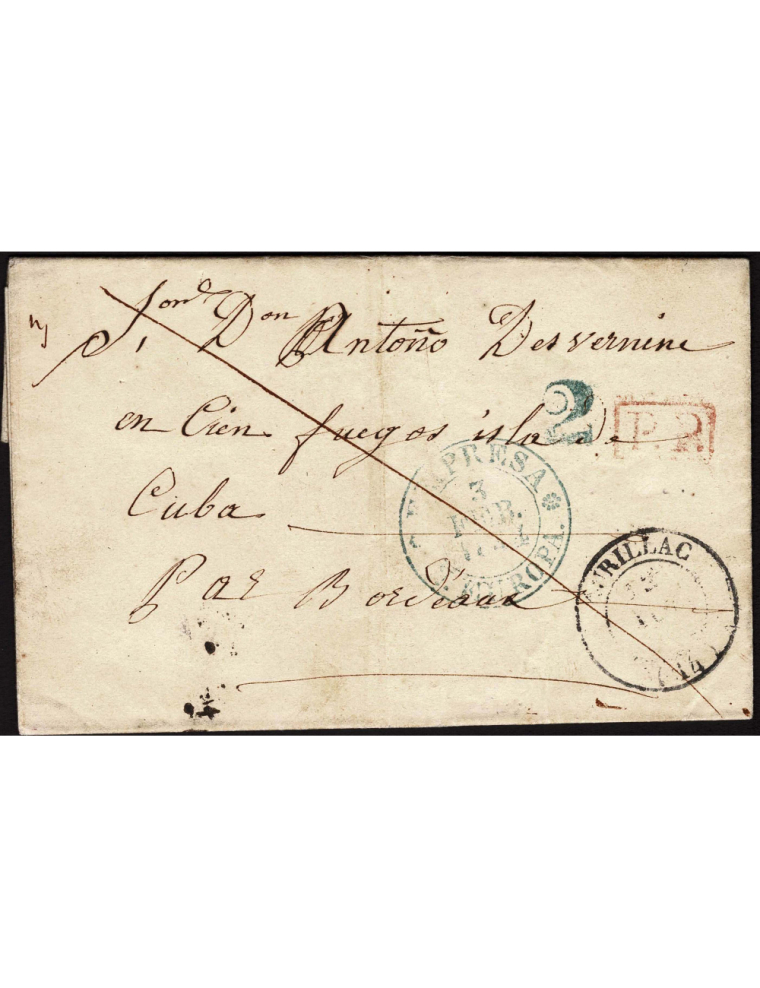 1843 (22 NOV) Aurillac (Francia) a La Habana. Sobrescrito con fechador en negro marca “P.P.” recuadrada en rojo, ambas en origen