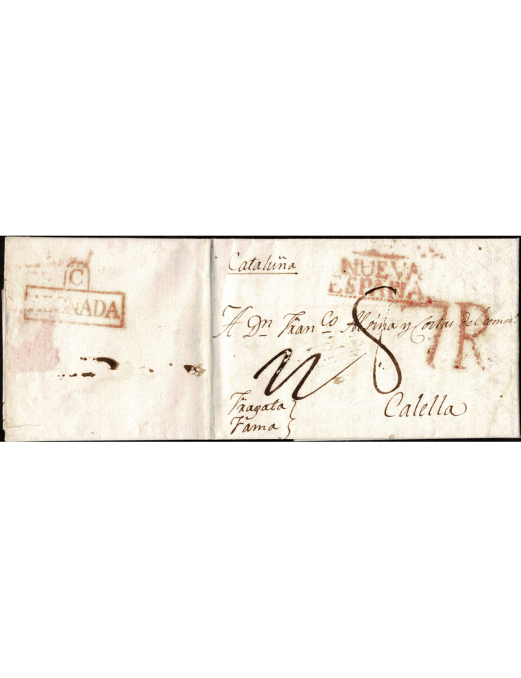 1816 (16 AGO) Veracruz (Méjico) a Calella. Sobrescrito comercial textil sobre algodón conducido por la fragata Fama tal como se