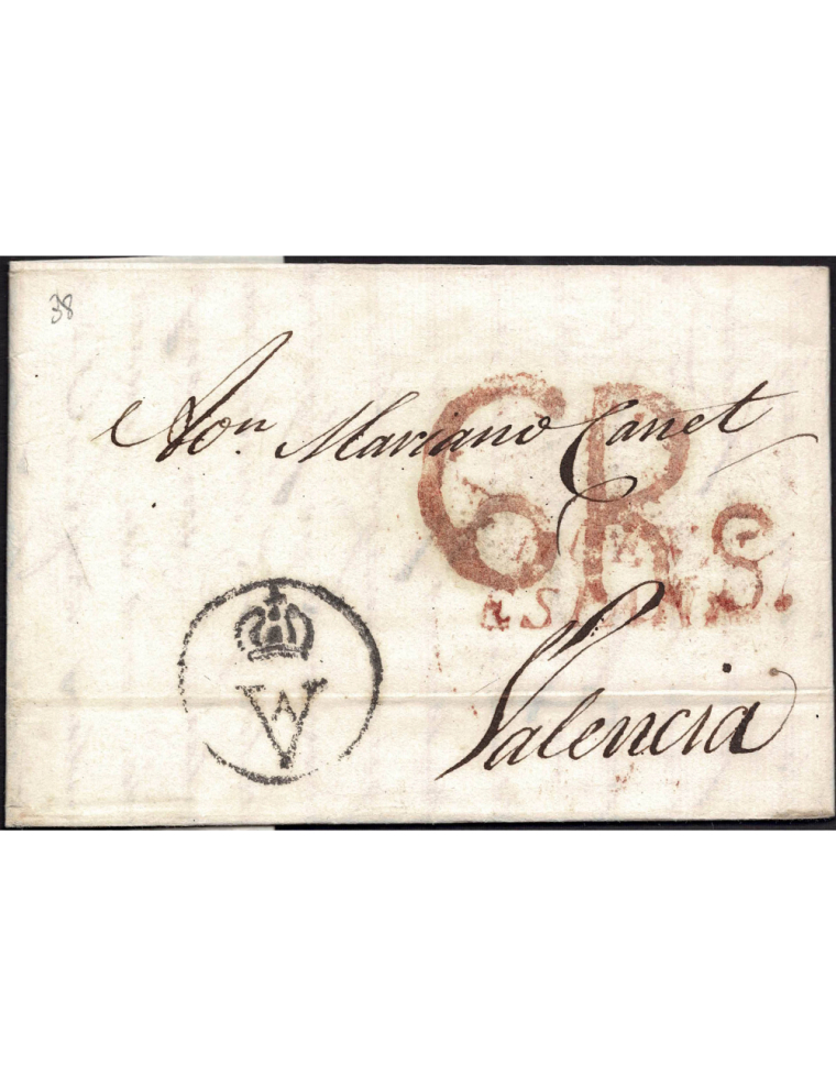 1802 (30 SET) Veracruz (Méjico) a Valencia. Sobrescrito con la marca “NUEVA / ESPAÑA” en rojo. Marca de llegada “VA” coronada y 