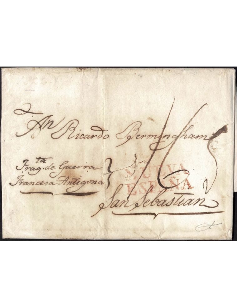 1822 (27 JUL) La Habana a San Sebastián. Sobrescrito con la anotación “Fragata de Guerra / Francesa Antigona” que debió pasar po