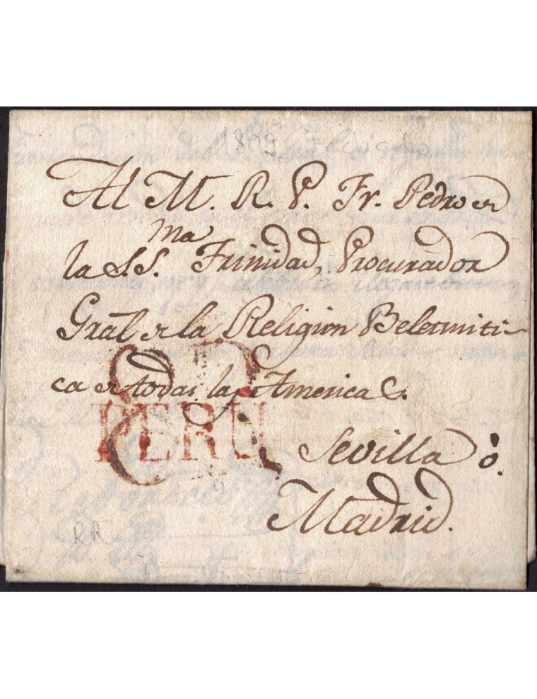 1810 (27 JUN) Lima a Sevilla. Sobrescrito de dos integrantes de órdenes religiosas pidiendo libros. Marca “PERÚ” en rojo de Lima