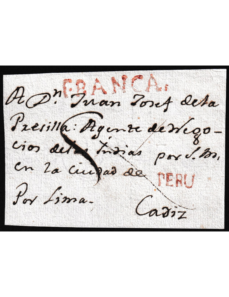 1812 circa Trujillo (Perú) a Cádiz. Frente de sobrescrito franqueado con las marcas “FRANCA” y “PERÚ” seguramente de Trujillo, y