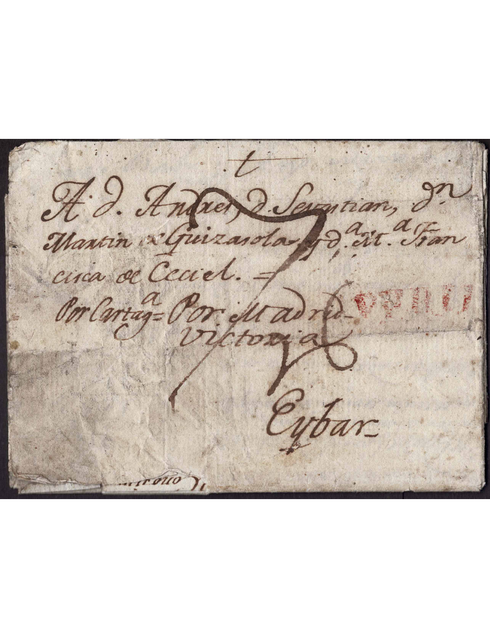 1796 (23 DIC) Lima a Eibar. Interesante sobrescrito comentando el envío de cantidades monetarias, con la marca “PERÚ” en color r