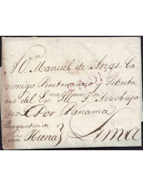 1816 (4 MAR) Cádiz a Lima. Interesante sobrescrito al arzobiso de Lima informando haber recibido ciertas cantidades monetarias. 
