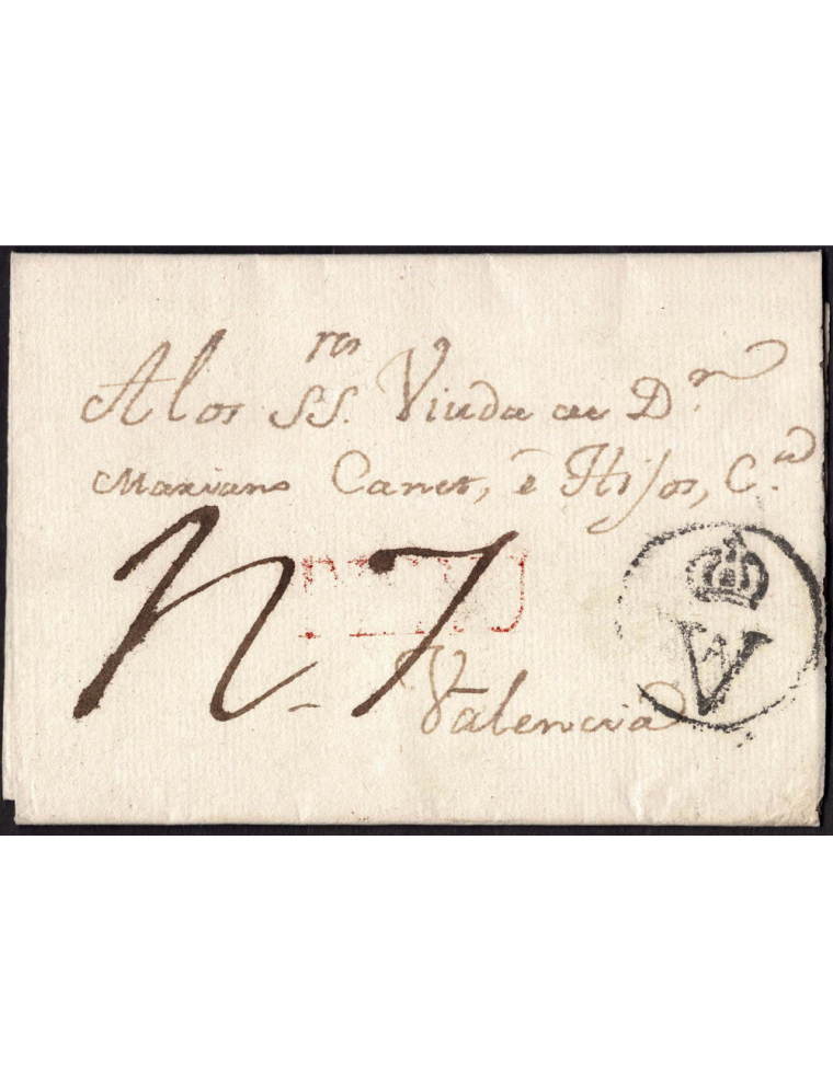 1802 (8 NOV) Lima a Valencia. Sobrescrito comentando el envío de cantidades monetarias, con la tenue marca “PERÚ” lineal en colo