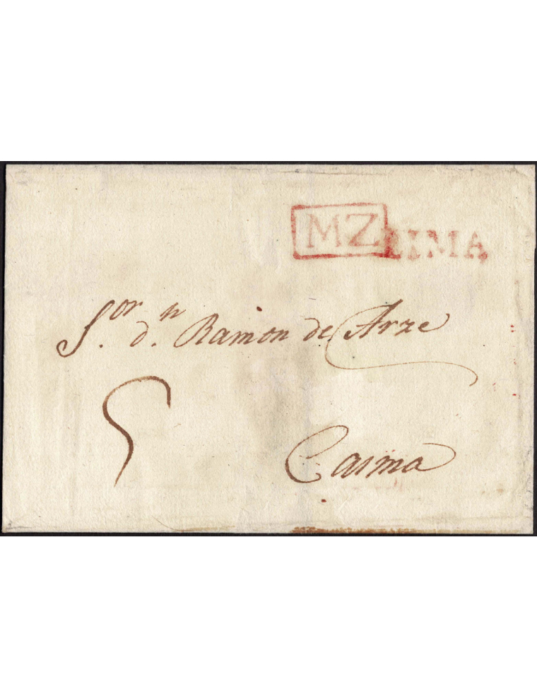 1810 circa A Casma (Perú). Envuelta oficial con las marcas “MZ” y “LIMA” lineal en rojo. La primera estampada en Lima en los doc