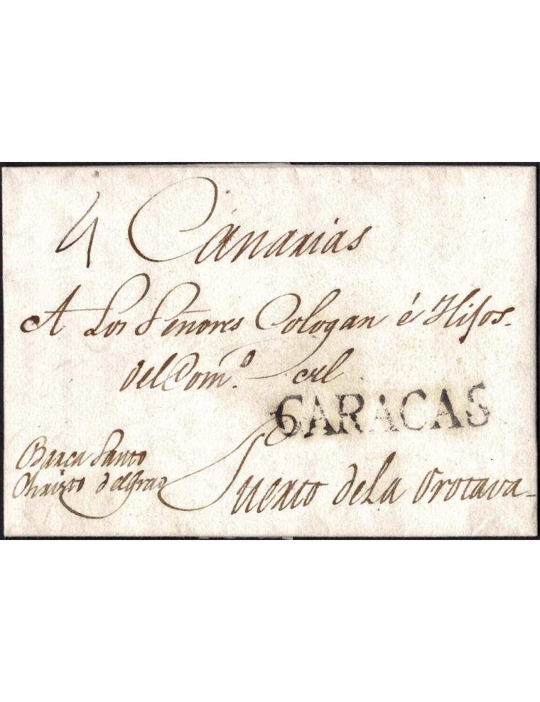 1805 (3 NOV) Caracas (Venezuela) a La Orotava. Sobrescrito con la marca “CARACAS” lineal en negro aceitoso. Anotación mns. “Barc