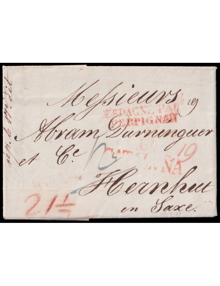 1833 (29 MAR) Barcelona a Hernhut (Alemania). Marca “B./ CATALUÑA”(n49) en rojo de Barcelona y marca de frontera por Perpiñán. D
