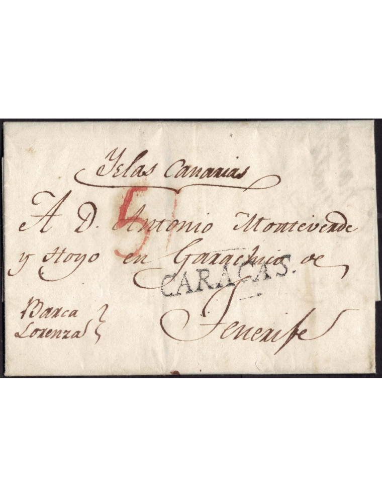 1810 circa Caracas (Venezuela) a Tenerife . Envuelta con la marca “CARACAS” lineal en negro (nº2) y mns. “Barca Lorenza” Perfect