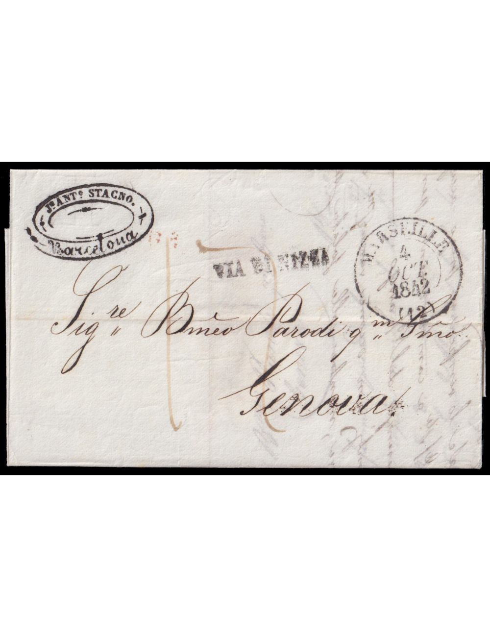 1842 (1 OCT) Barcelona a Génova. Fechador en negro de Marsella y marca “VIA DI NIZZA” lineal en negro de Niza. Porteo mns. “17”