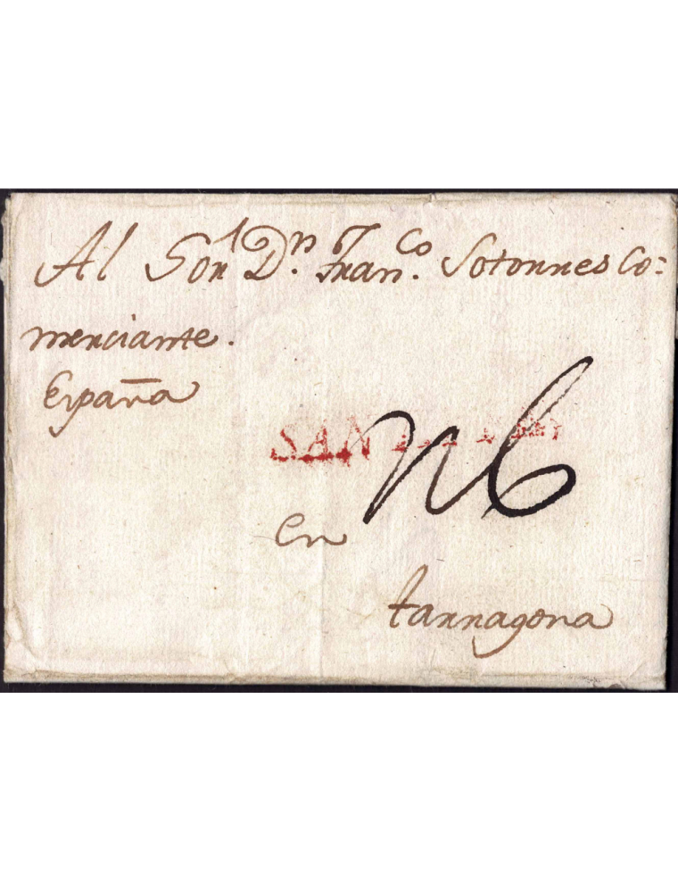1795 (31 ENE) Cartagena de Indias (Colombia) a Tarragona. Sobrescrito con la marca tenue de “SANTA FE”. Esta carta fue una de la