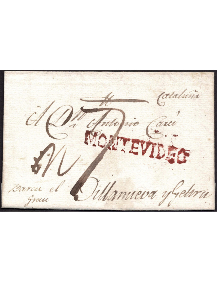 1805 (30 ABR) Montevideo (Uruguay) a Vilanova i Geltrú. Sobrescrito con la marca “MONTEVIDEO“ lineal en rojo aguado de origen. P