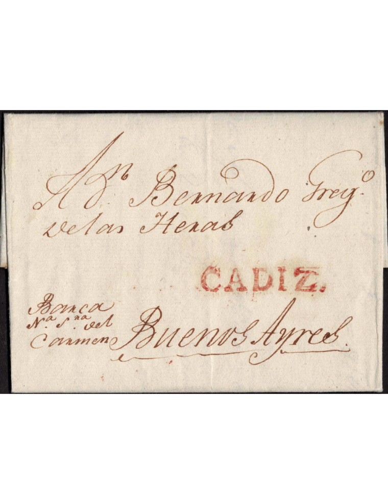 1805 (13 MAY) Cádiz a Buenos Aires. Interesante sobrescrito que narra la captura en el cabo San Vicente de la fragata Victoria q