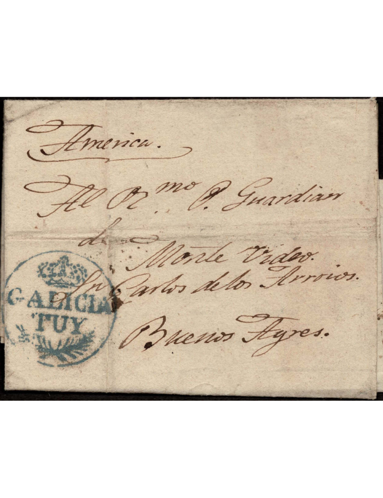 1839 (27 ABR) Tuy a Montevideo. Sobrescrito via Buenos Aires a Montevideo con la marca coronada “GALICIA / TUY” (nº6) de precios