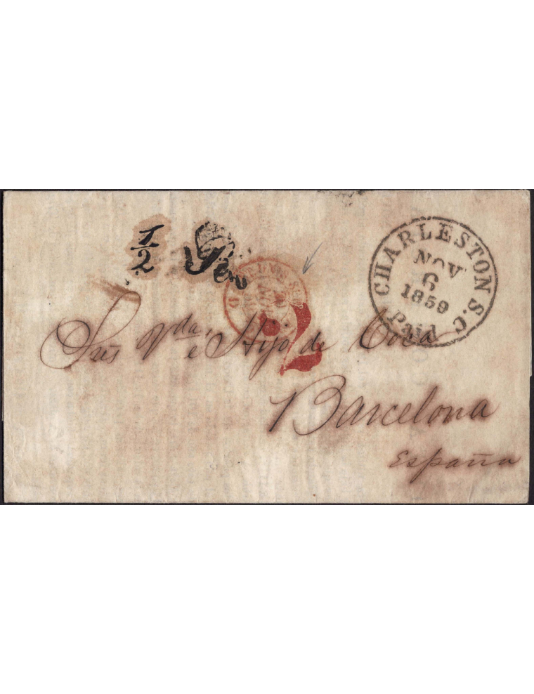 1859 (5 NOV) Charleston (Estados Unidos) a Barcelona. Impreso con fechador de origen tasado con “2” centavos en rojo y porte de 