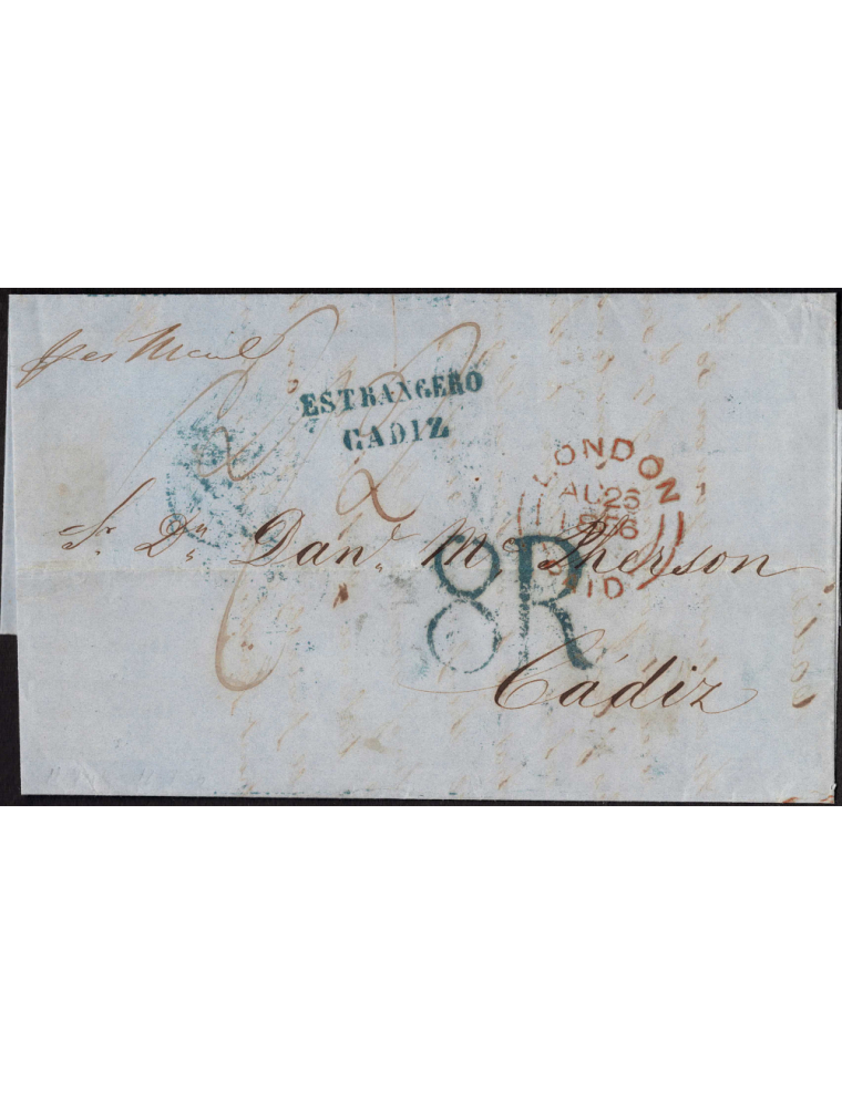 1856 (12 AGO) Nueva York a Cádiz. Sobrescrito circulado por vía inglesa con marca “ESTRANGERO / CADIZ” (nº74) y porteo “8R” real