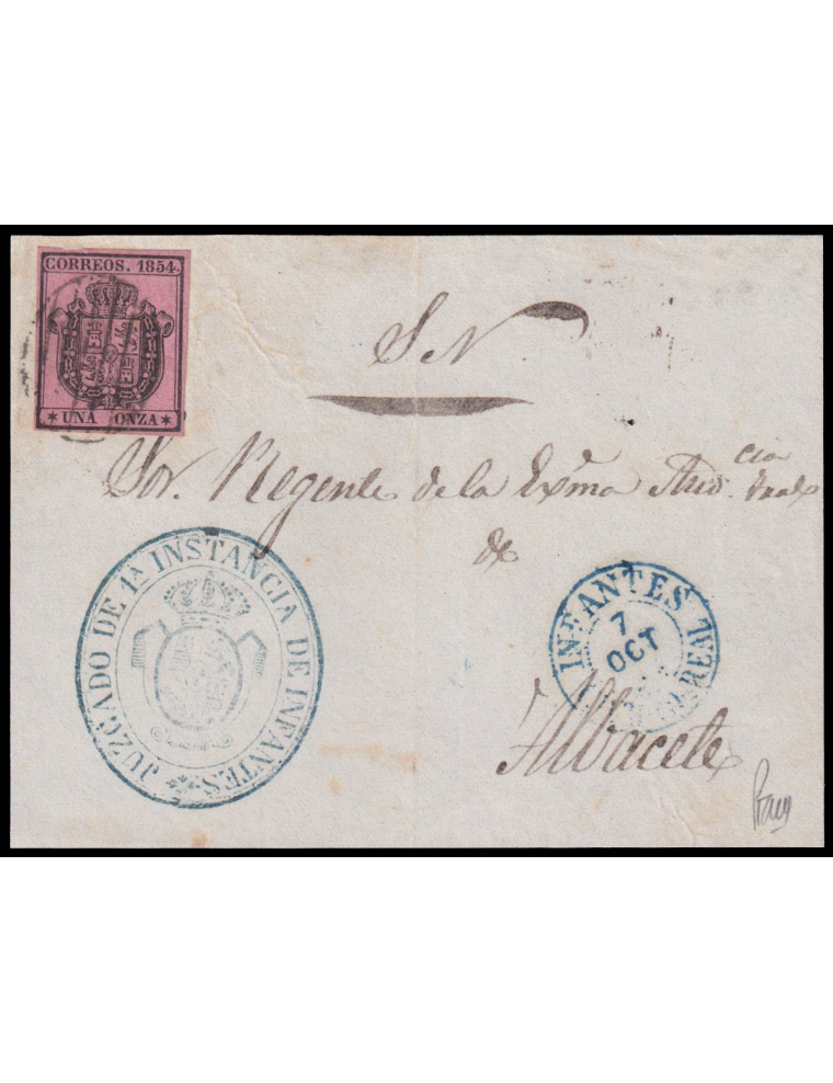 29 1854 (7 OCT) Infantes a Albacete. Una onza sobre rosa de servicio oficial mat. parrilla en negro. En el frente fechador tipo 