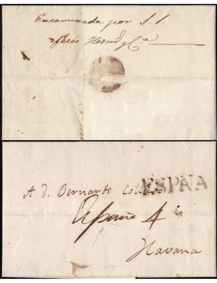1829 (15 MAY) Barcelona a La Habana. Sobrescrito encaminado por Perez Hermanos y Cia que inicialmente se anotó de forma manuscri