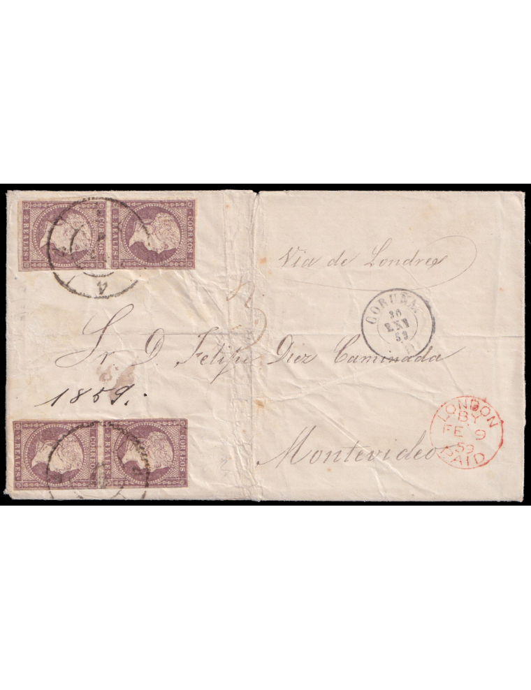 46(4) 1859 (30 ENE) Coruña a Montevideo (Uruguay). 2 reales violeta 2 parejas verticales mat. RC “4”. En el frente fechador tipo
