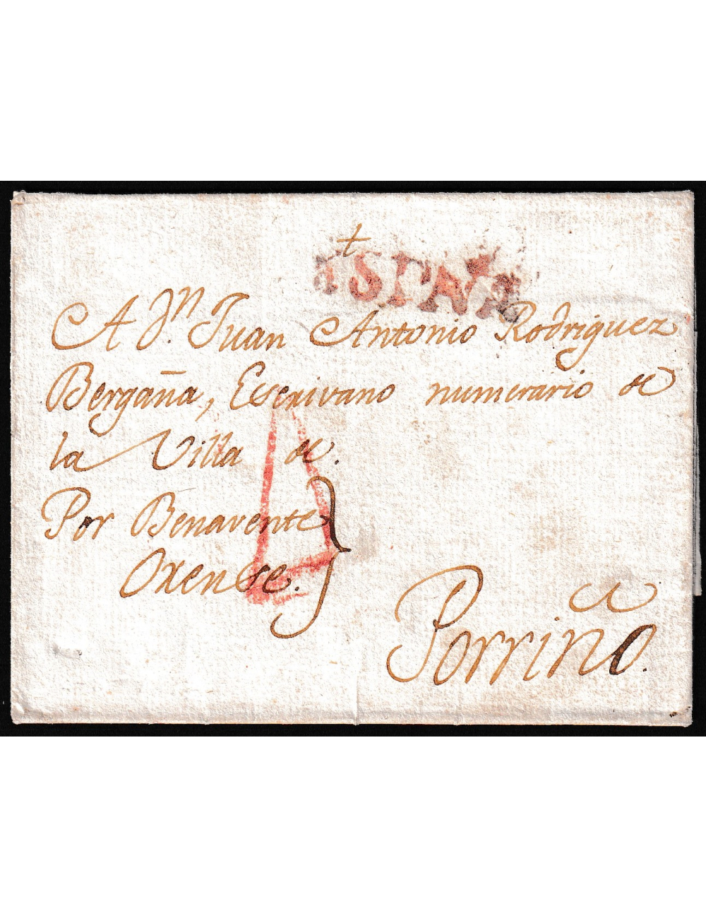 1817 (13 AGO) Madrid (¿?) a Porriño. Sobrescrito con la marca “ESPAÑA” de Coruña incorrectamente estampada, dado que la carta no
