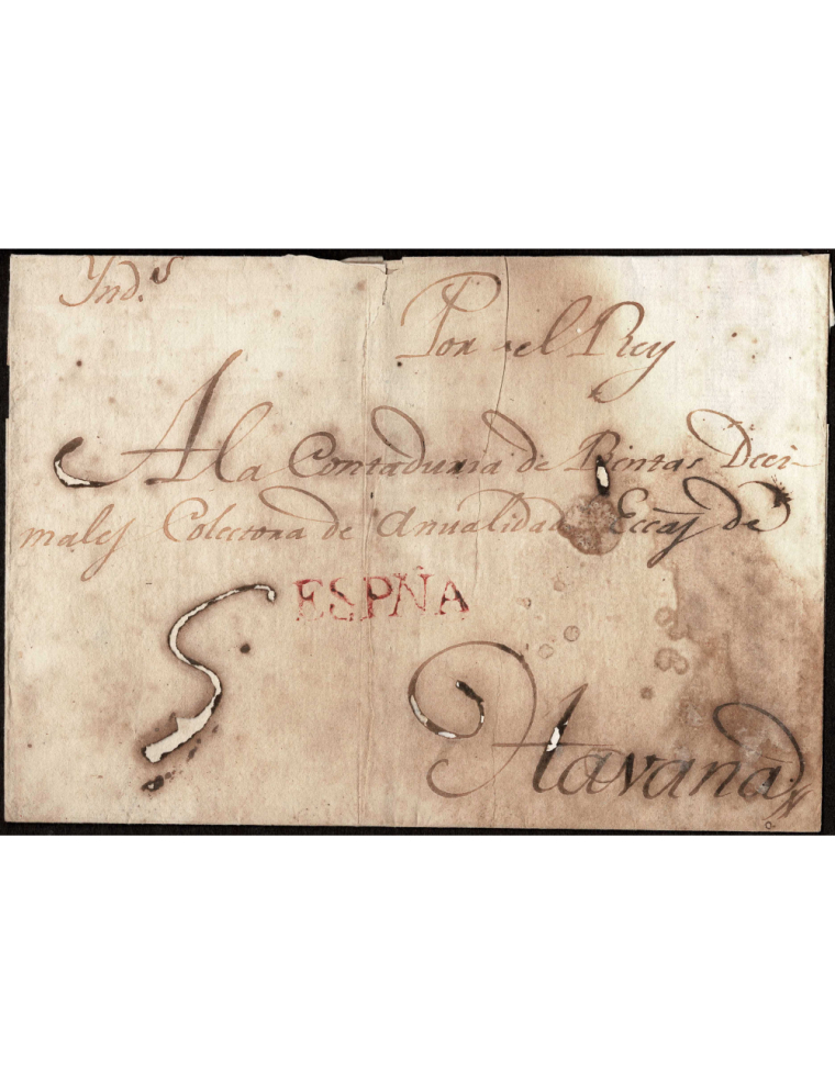 1806 (15 DIC) Madrid a La Habana. Envuelta del servicio oficial con marca “ESPAÑA” en rojo de Cádiz. Porteo mns. “5” reales y an