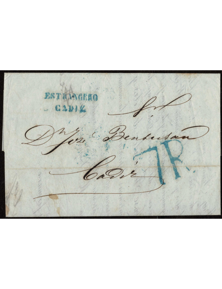 1854 (DIC) México a Cádiz. Sobrescrito con impreso comercial con la marca “ESTRANGERO / CADIZ” (nº74) y porteo “7R” reales, amba
