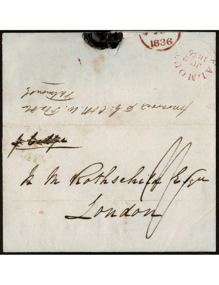 1836 (21 MAY) Cádiz a Londres, encaminada por “R.W. FOX” (manuscrito en el reverso) hasta Falmouth (fechador 3 de junio y a Lond