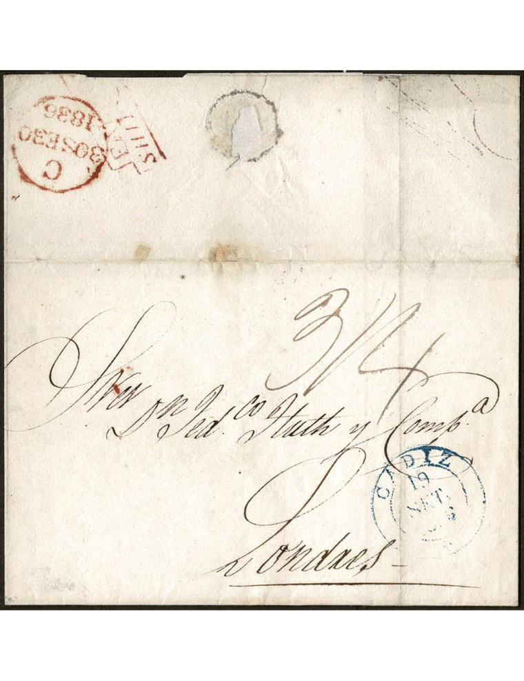 1836 (6 SET) Sevilla a Londres, vía Falmouth. La carta aguardó la salida del vapor Iberia, el 19 de septiembre. Llegó a Falmouth