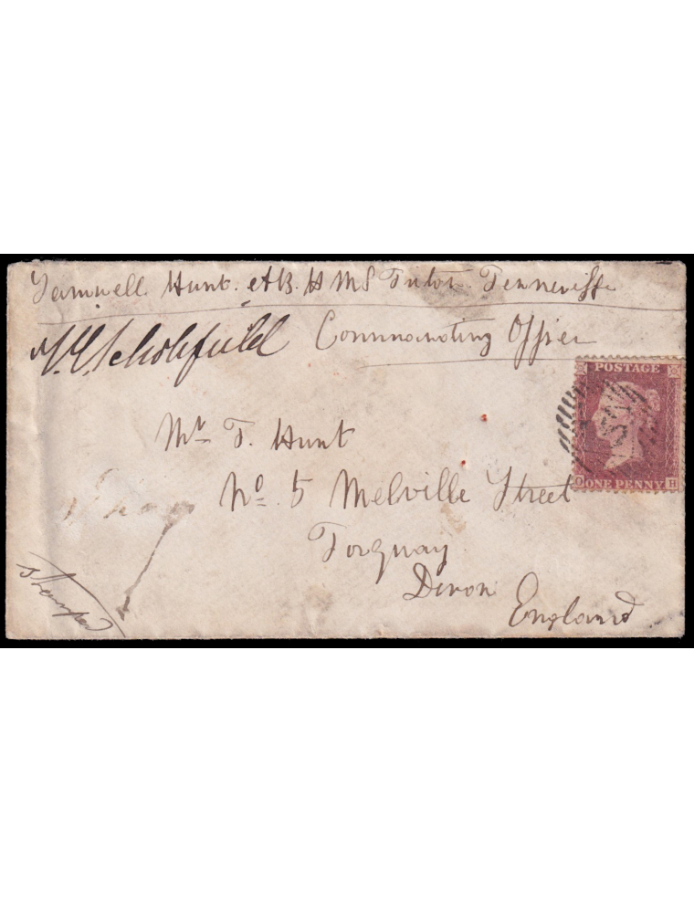 Yv.26 1863 1p. rojo mat. numeral londinense. Sobre mecánico con anotación contraseñada del oficial refrendando la tarifa militar