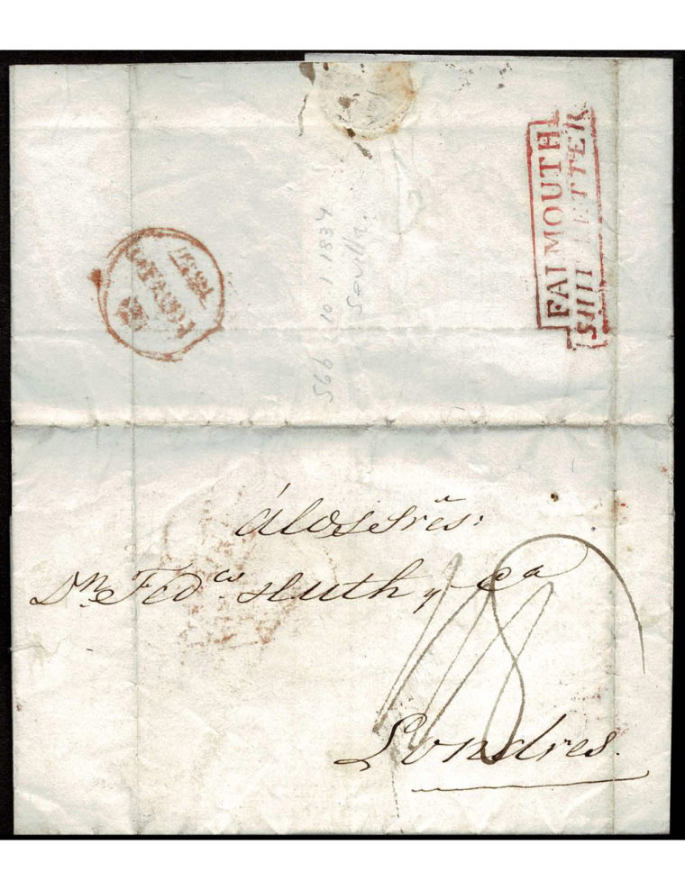 1836 (10 DIC) Sevilla a Londres, vía Falmouth. La carta tuvo que esperar varios días en Cádiz al vapor Iberia que partió el 28 d