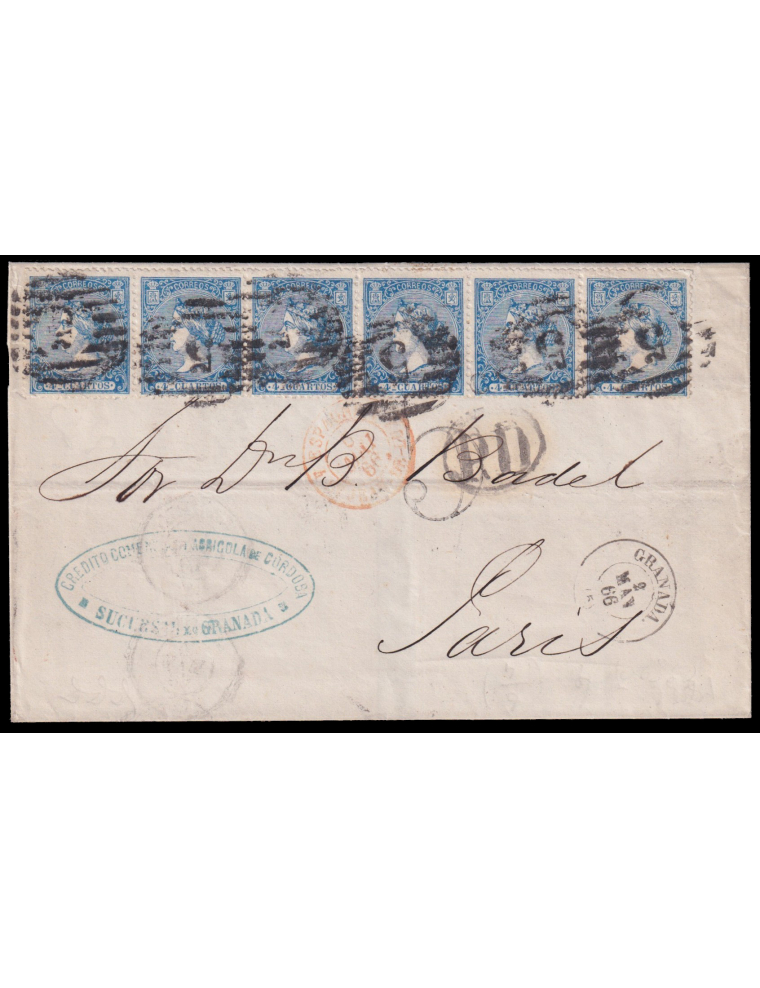 81(6) 1866 (2 MAY) Granada a París. 4 cuartos azul tira de seis mat. PC “5” en negro de Granada. En el frente fechador tipo II t