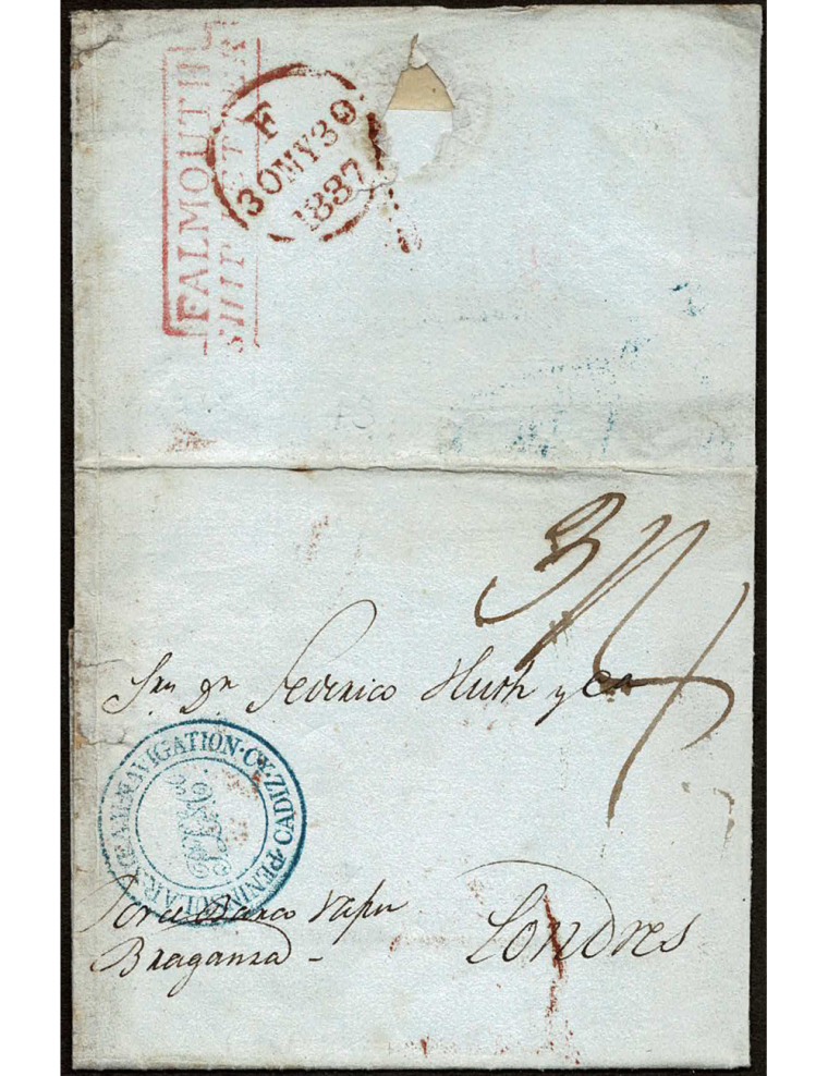 1837 (20 MAY) Cádiz a Londres. mns. en el frente “Por el vapor Braganza”, y marca de la PSNC en azul de Cádiz. El vapor zarpó el