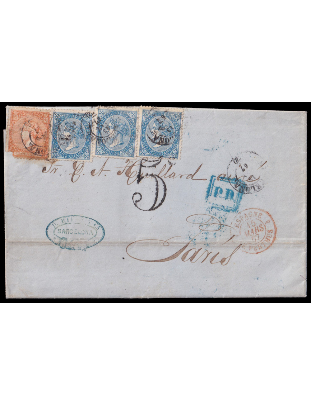 82y88(3) 1867 (13 MAR) Barcelona a París. 12 cuartos naranja y 4 cuartos azul (3). Mat. fechador de Barcelona. Carta inicialment