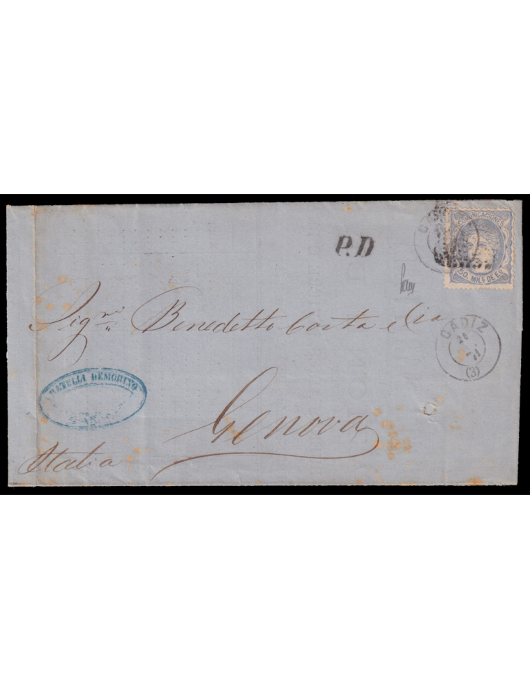 107 1871 (23 DIC) Cádiz a Génova. 50 mils. ultramar mat. mixto RP y fechador que se repite en el frente y “P.D” en negro. Rarísi