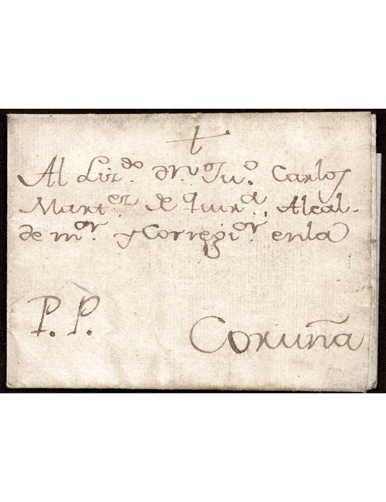 1776 (13 MAY) Betanzos a Coruña. Marca “P.P.” (porte pagado). Esta expresión señala que el porte ha sido pagado por el remitente