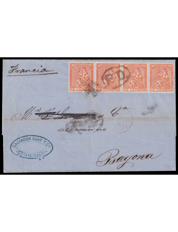 131(4) 1874 (15 MAY) Madrid a Bayona. 2 cts. naranja tira horizontal de cuatro mat. RP y “P.D.” recercado en negro que se repite