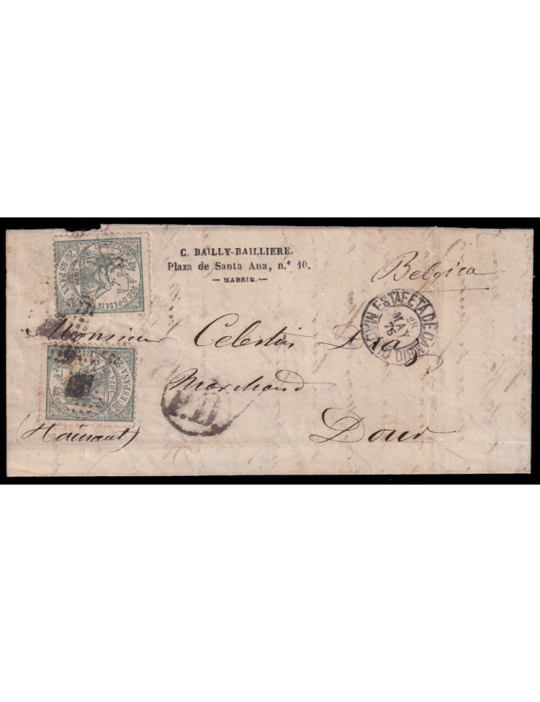 146(2) 1875 (27 MAY) Madrid a Dour (Bélgica). 20 cts. verde mat. RP en el frente fechador de la Estafeta de Cambio todas en negr