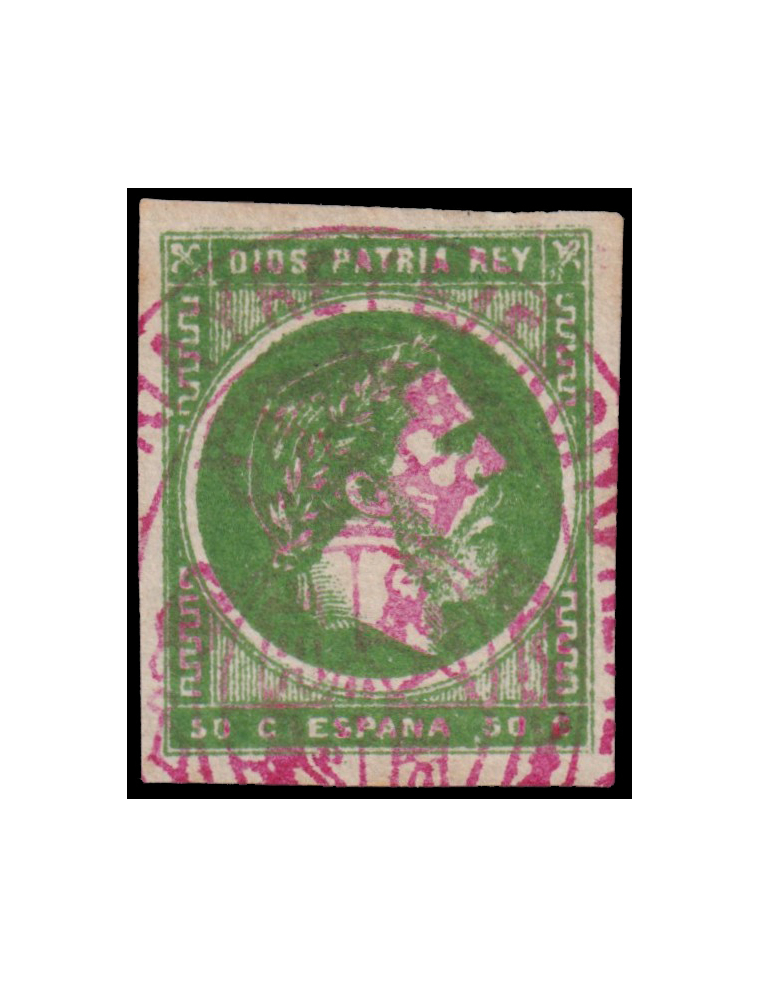 160 1875. 50 cts. carlista verde mat. marca militar del Batallón de Arratia en rojo. Rarísima obliteración y color empleado en l
