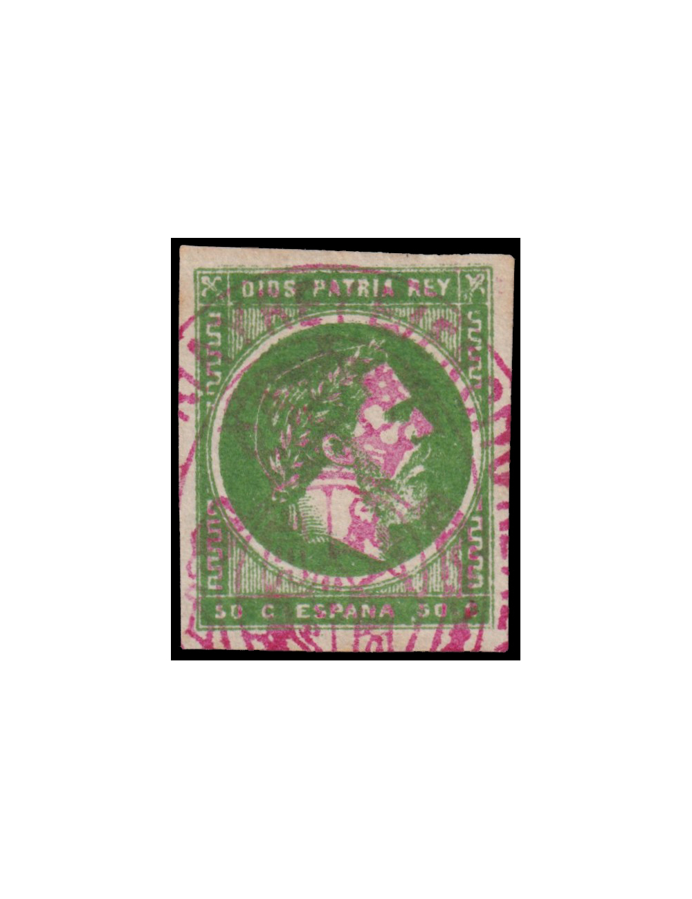 160 1875. 50 cts. carlista verde mat. marca militar del Batallón de Arratia en rojo. Rarísima obliteración y color empleado en l