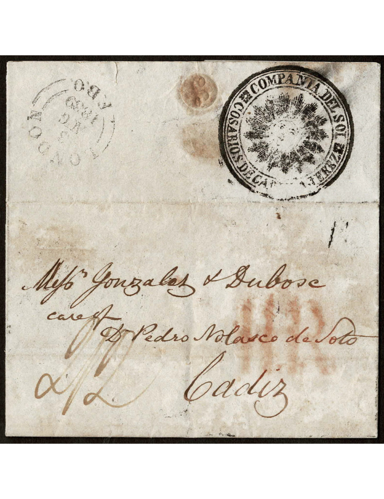 1839 (3 AGO) Londres a Cádiz. Primera carta conocida con marca de cuño de los Cosarios de Cádiz, con los portes 2/2 (inglés, 2 c