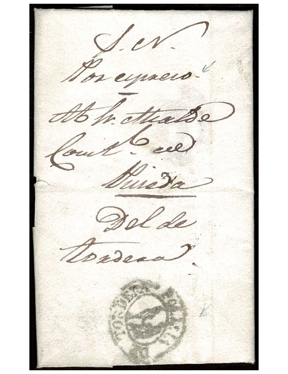 1843 ( ABR 27) Tordera a Pineda de Mar. Sobrescrito del S.N. con la inscripción de conducción “por expreso”, para señalar urgenc