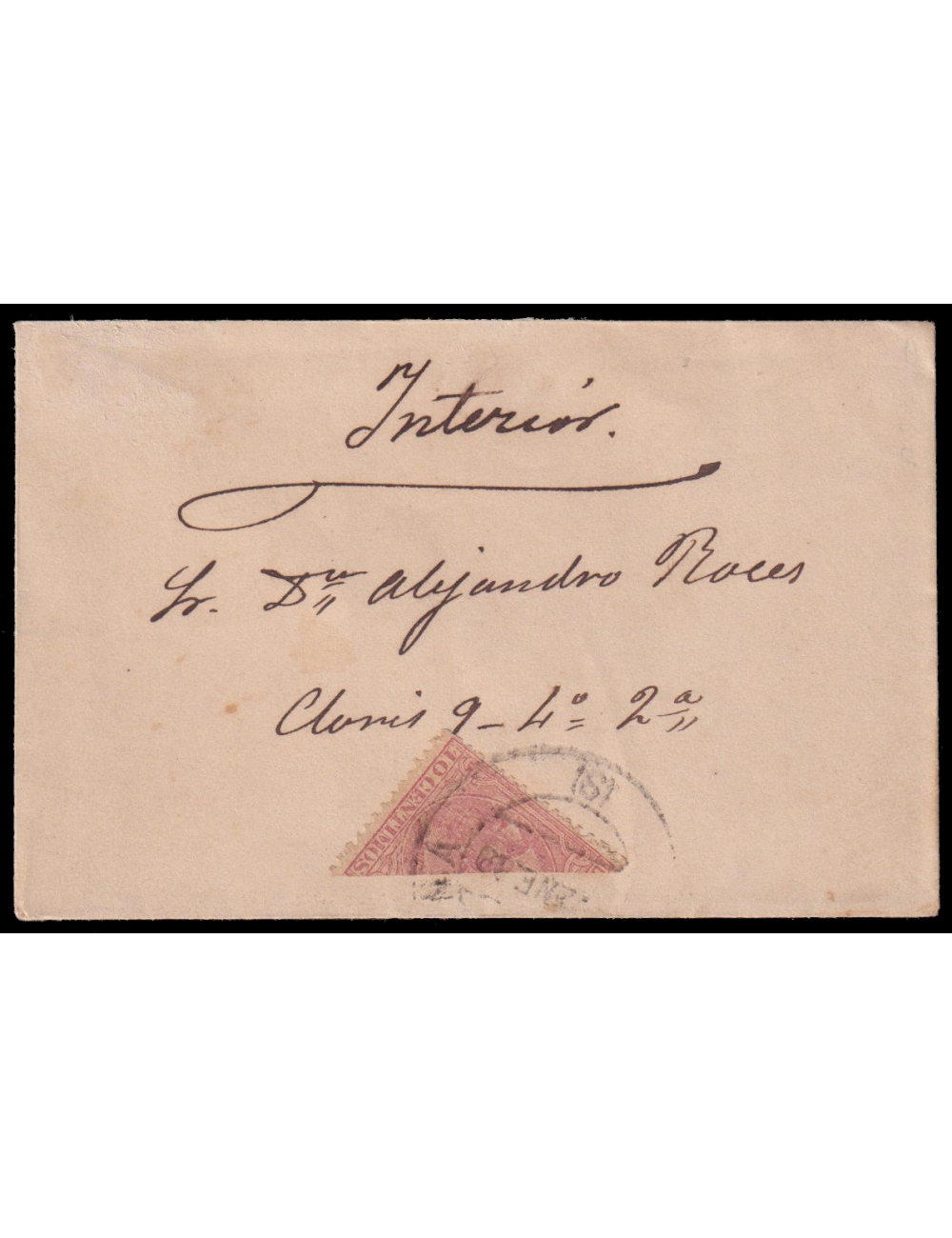 202 1882 (ENE) Barcelona. Correo interior. 10 cts rosa bisecado mat. fechador. Mns. “Interior”. Rarísimo uso fraccionario acaso